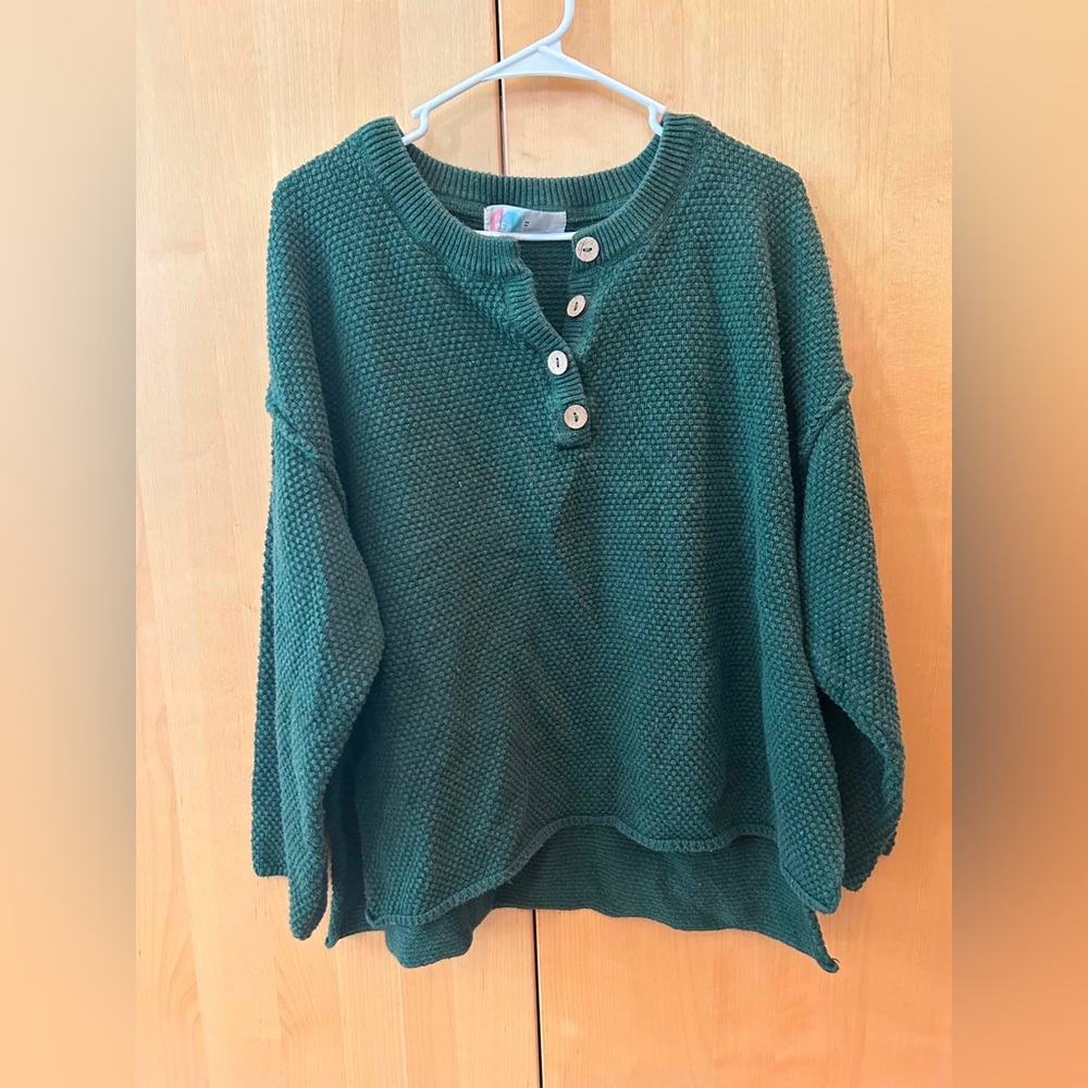 Free People Forest Green Knit Henley Pullover